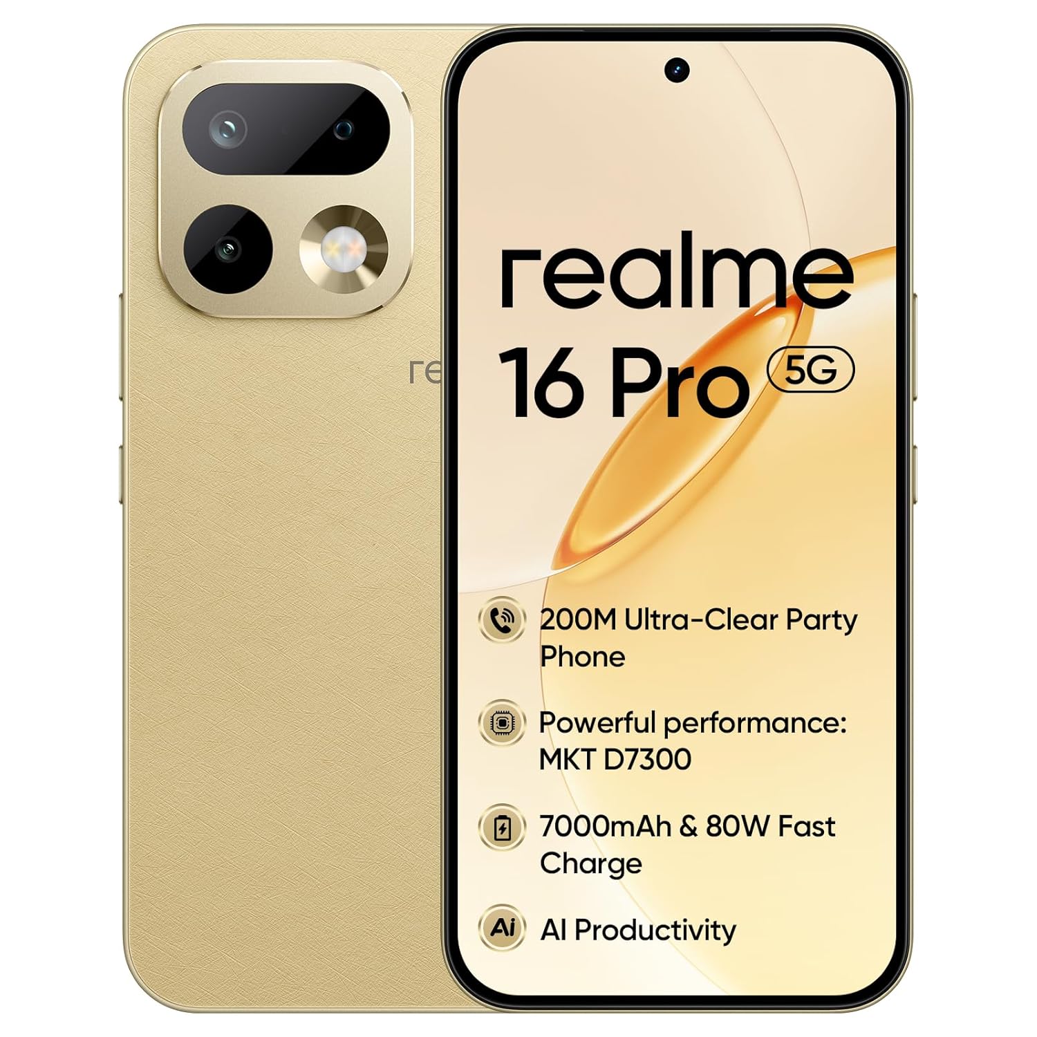 realme 16 Pro 5G, 8+256 GB, MediaTek Dimensity 7300 Max, Camera 50MP, Straight Display 6.78“144Hz, Battery 7000mAh, Master Gold Visit the realme Store