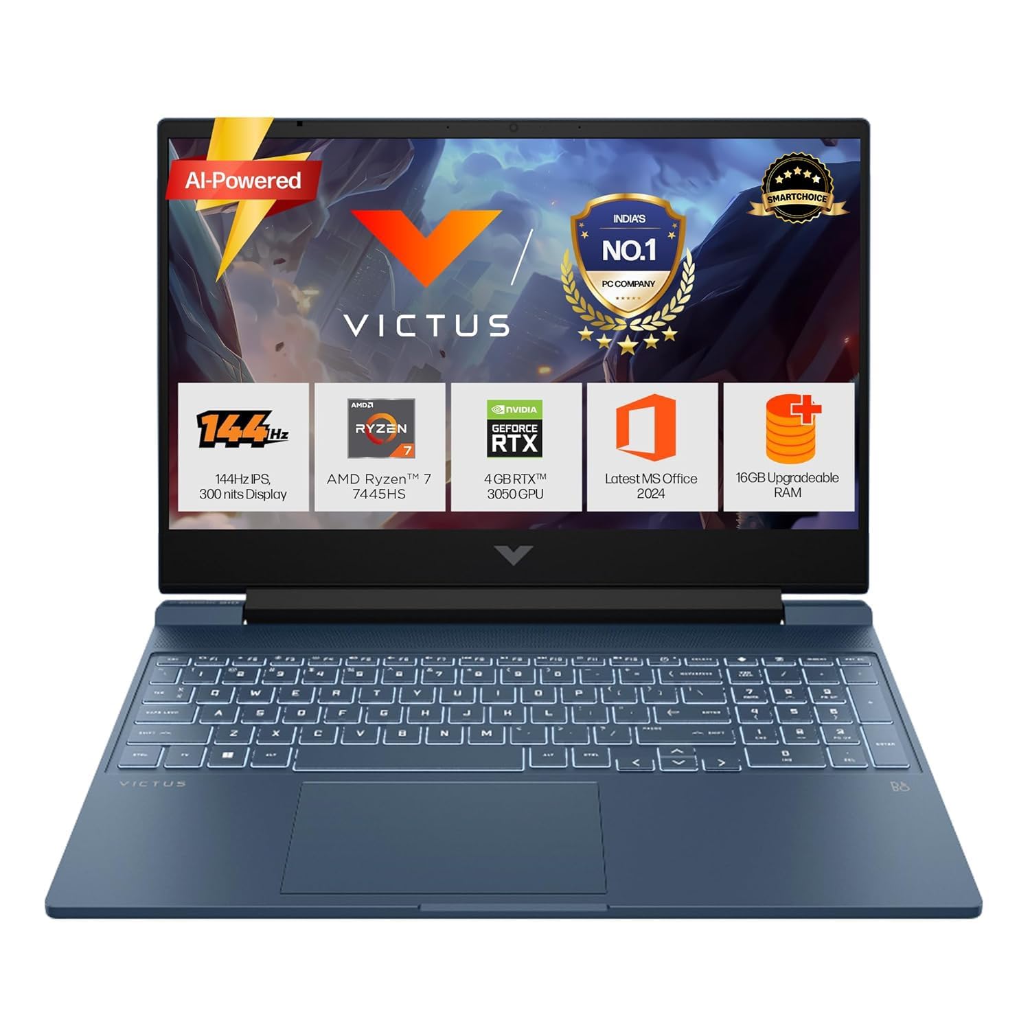 *HP Victus 15-fb3118AX* Gaming Laptop (AMD Ryzen 7 7445H/ 16GB/ 512GB SSD/ Win11/ 6GB RTX 4050) is a Windows Gaming Laptop powered by 7th Gen AMD Ryzen 7 7445H with 16 GB DDR5 RAM and 512 GB SSD. It has a 15.6 inches IPS display with 144 Hz refresh rate. It is equipped with an NVIDIA GeForce RTX 4050 GPU with 6 GB VRAM. It has a 70 Wh. Notable features include Backlit Keyboard, Anti-Glare Display, Ethernet, Card Reader