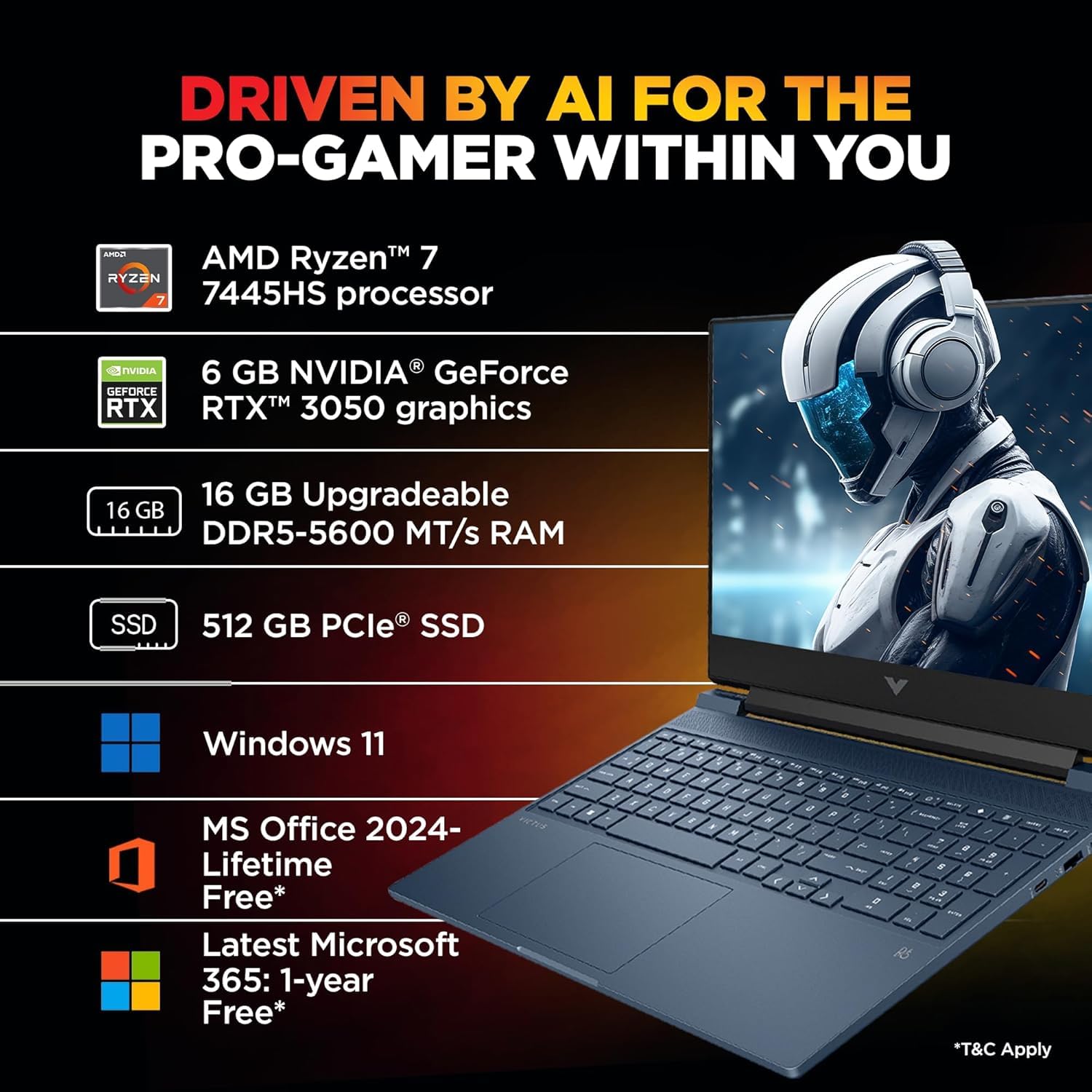 *HP Victus 15-fb3118AX* Gaming Laptop (AMD Ryzen 7 7445H/ 16GB/ 512GB SSD/ Win11/ 6GB RTX 4050) is a Windows Gaming Laptop powered by 7th Gen AMD Ryzen 7 7445H with 16 GB DDR5 RAM and 512 GB SSD. It has a 15.6 inches IPS display with 144 Hz refresh rate. It is equipped with an NVIDIA GeForce RTX 4050 GPU with 6 GB VRAM. It has a 70 Wh. Notable features include Backlit Keyboard, Anti-Glare Display, Ethernet, Card Reader thumbnail 3